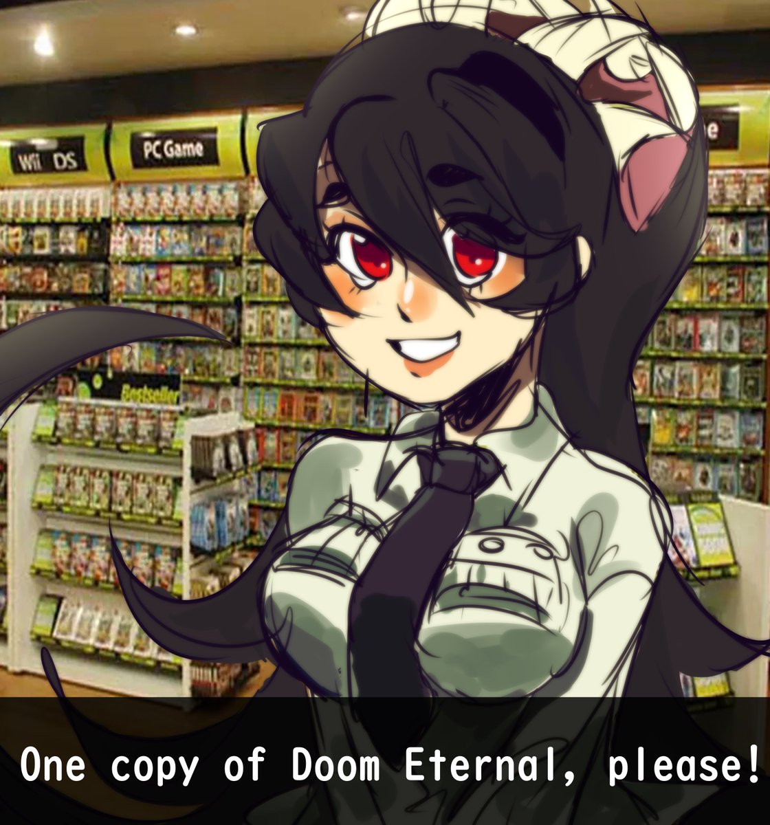 Filia ordering a copy of Doom Eternal at a video game store.